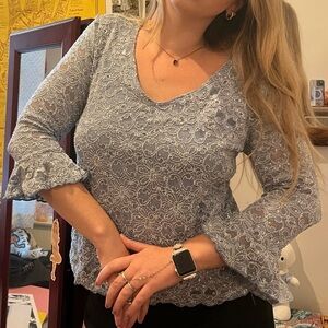 light blue sparkly bell sleeve vintage floral embroidered lace top